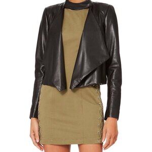 Intermix Cropped Black Leather Jacket Collar Open Front Draped Snap Neck